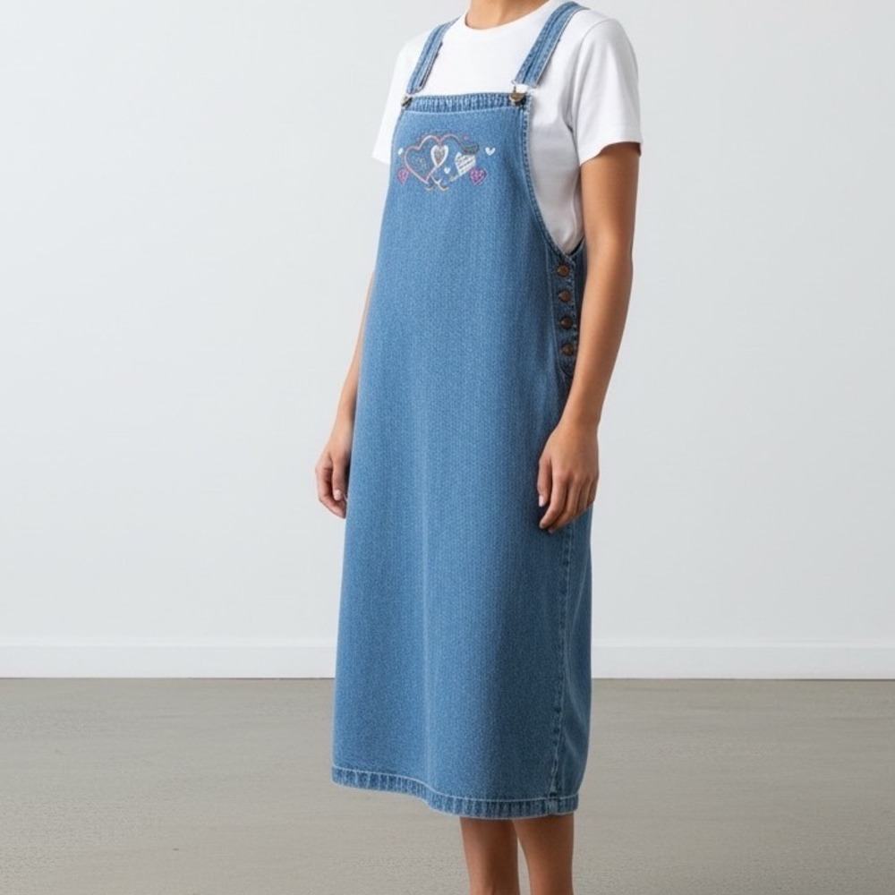 Y2k Denim Jumper Dress Heart Embroidery Blue Midi Sleeveless‎ 04 retro vtg